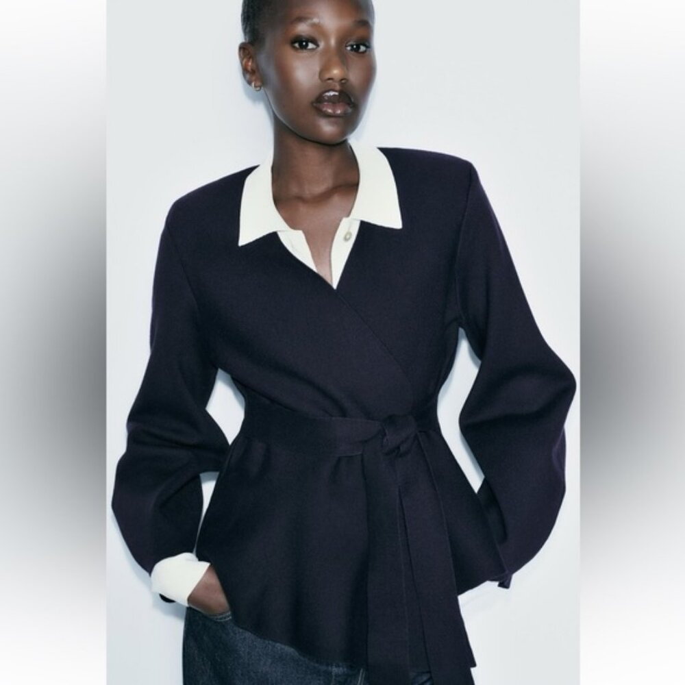 ZARA BELTED SHOULDER PAD KNIT BLAZER